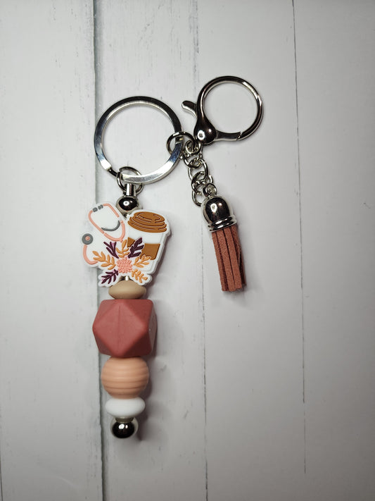 Nursing (coffee and stethoscope, neutrals) keychain